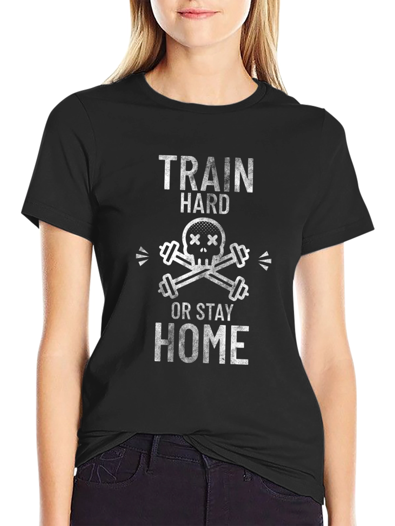 Train Hard Graphic Tee - Skull & Barbell Design