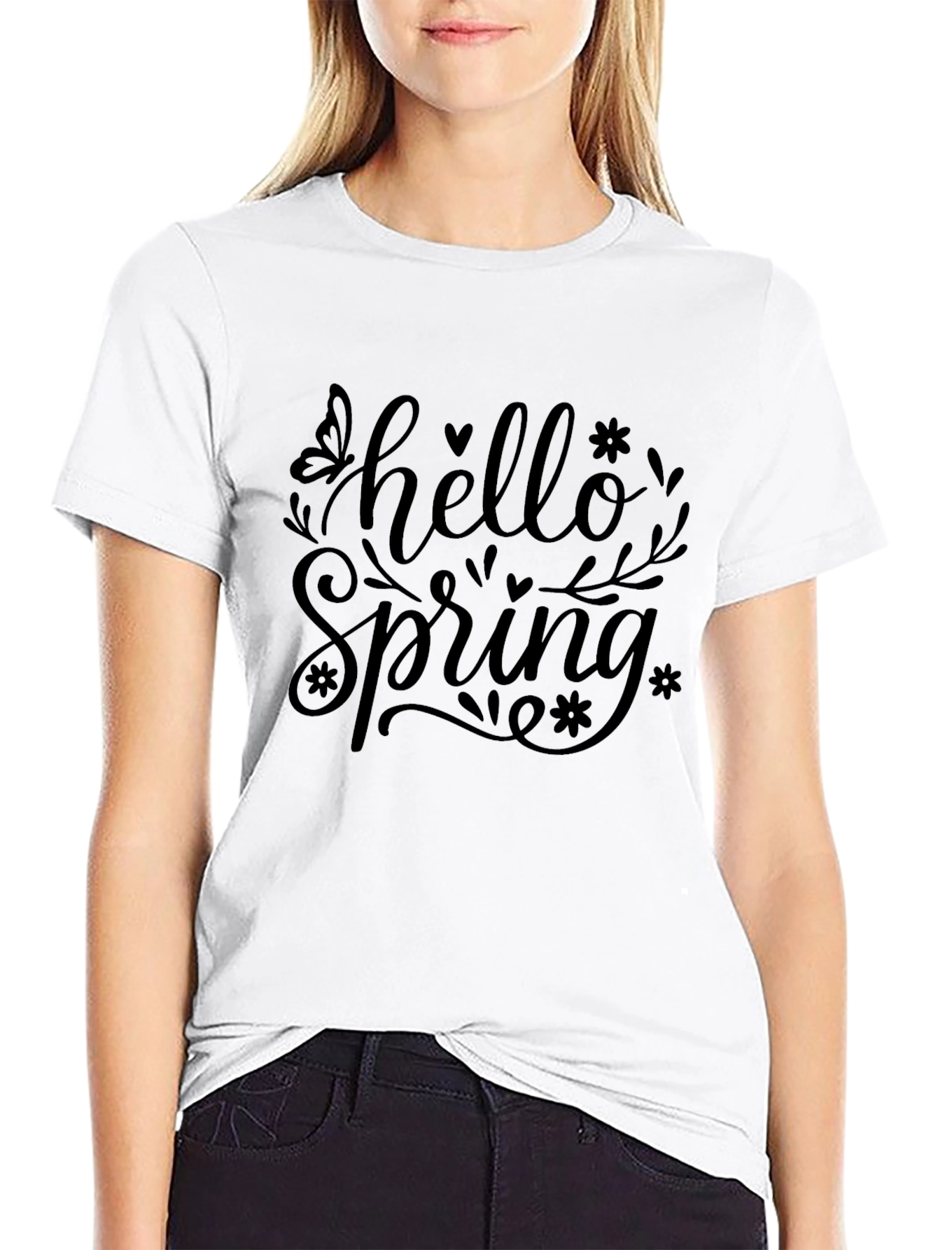 Hello Spring Black Graphic T-Shirt