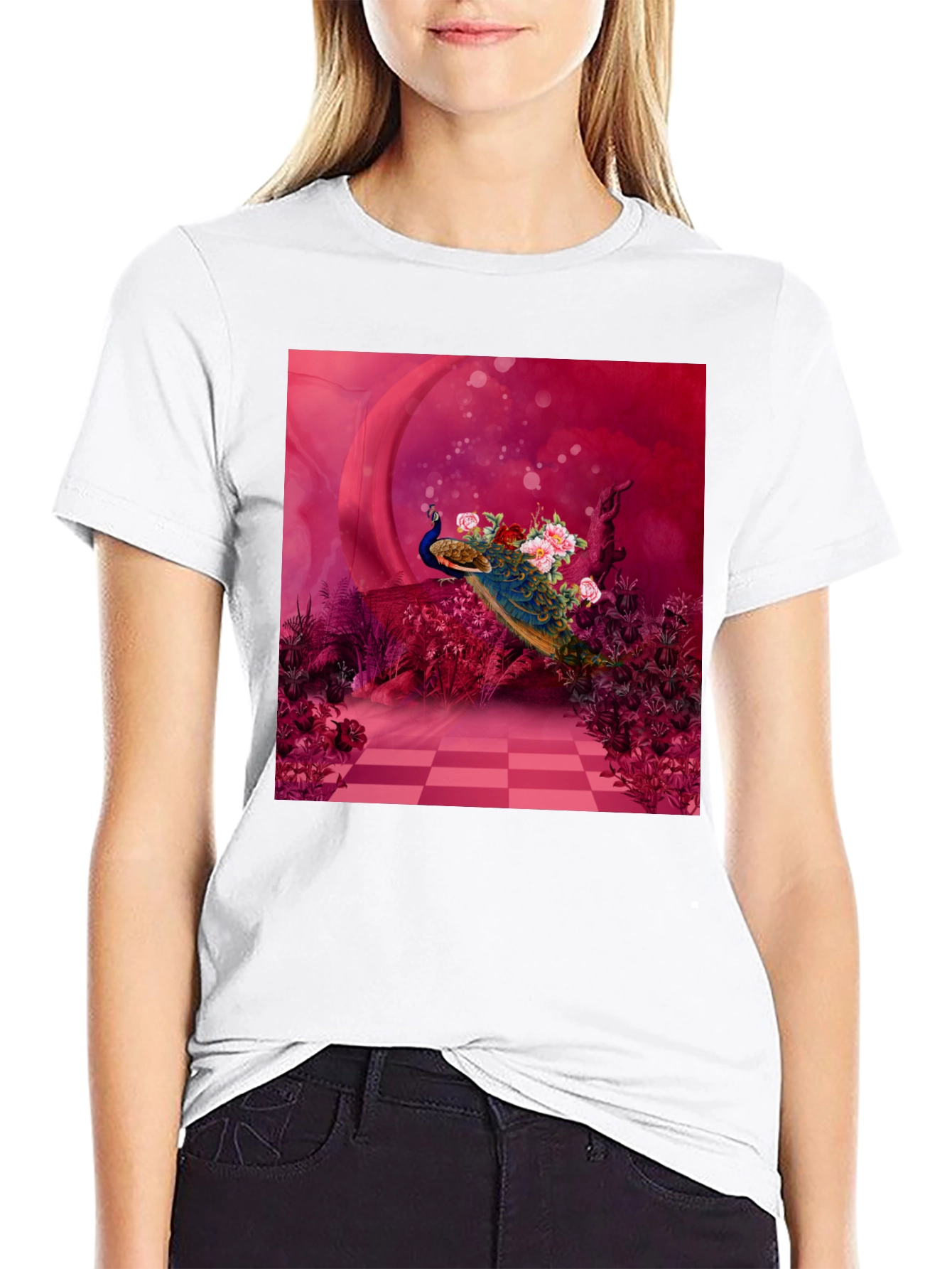Peacock Floral Art Graphic Tee