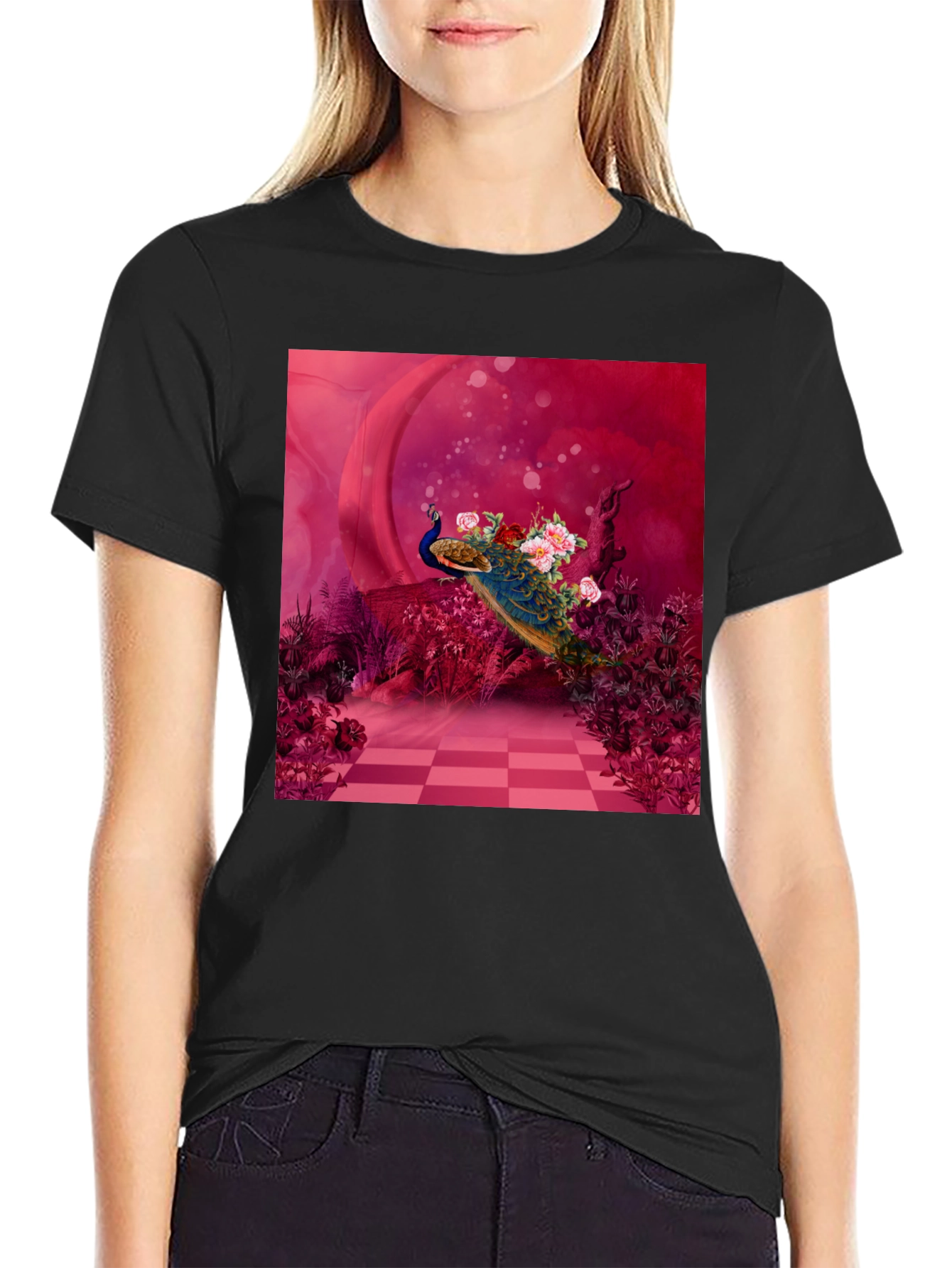 Peacock Floral Art Graphic Tee