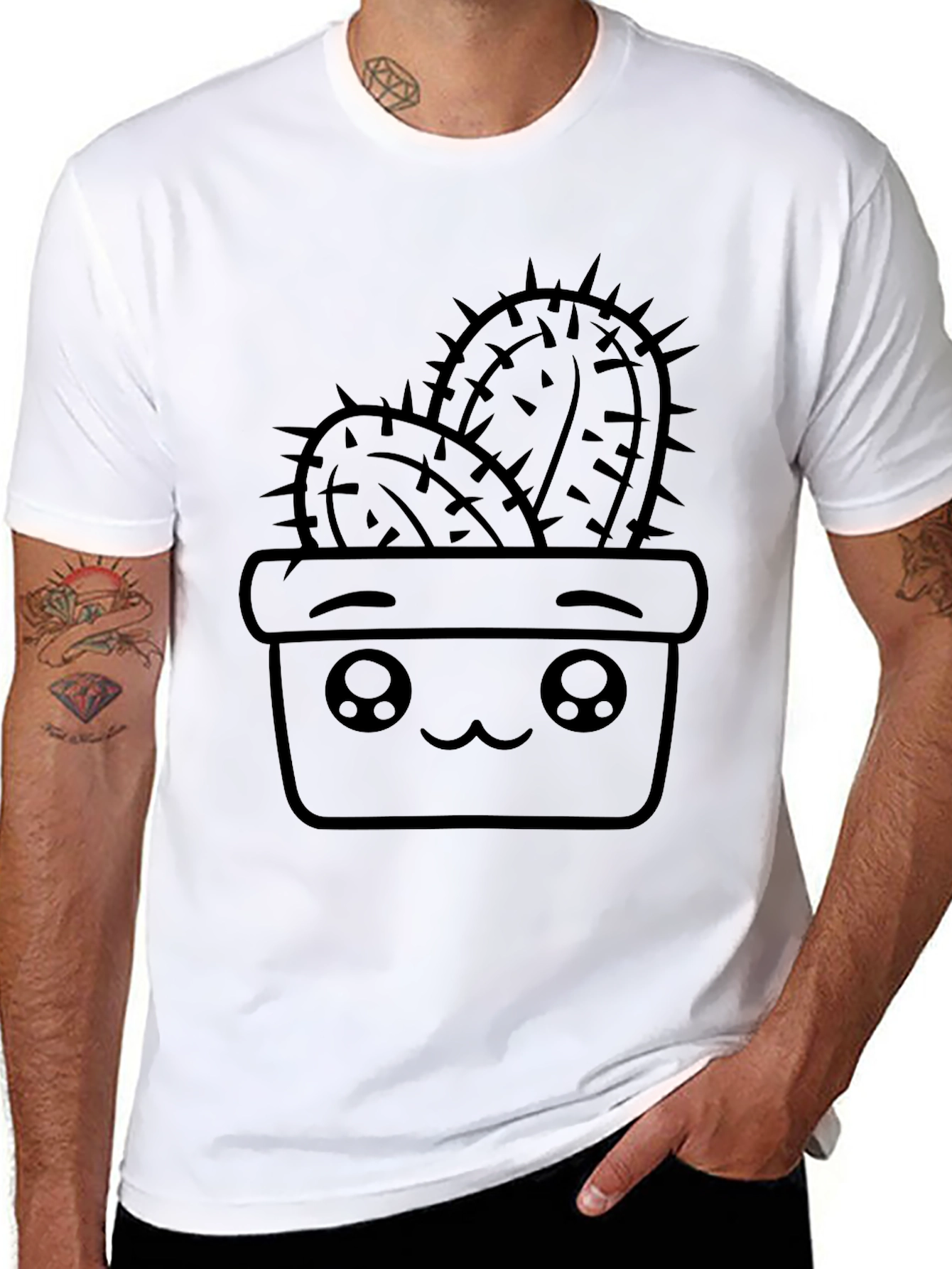 Cute Cactus Graphic Tee - Black Cotton T-Shirt