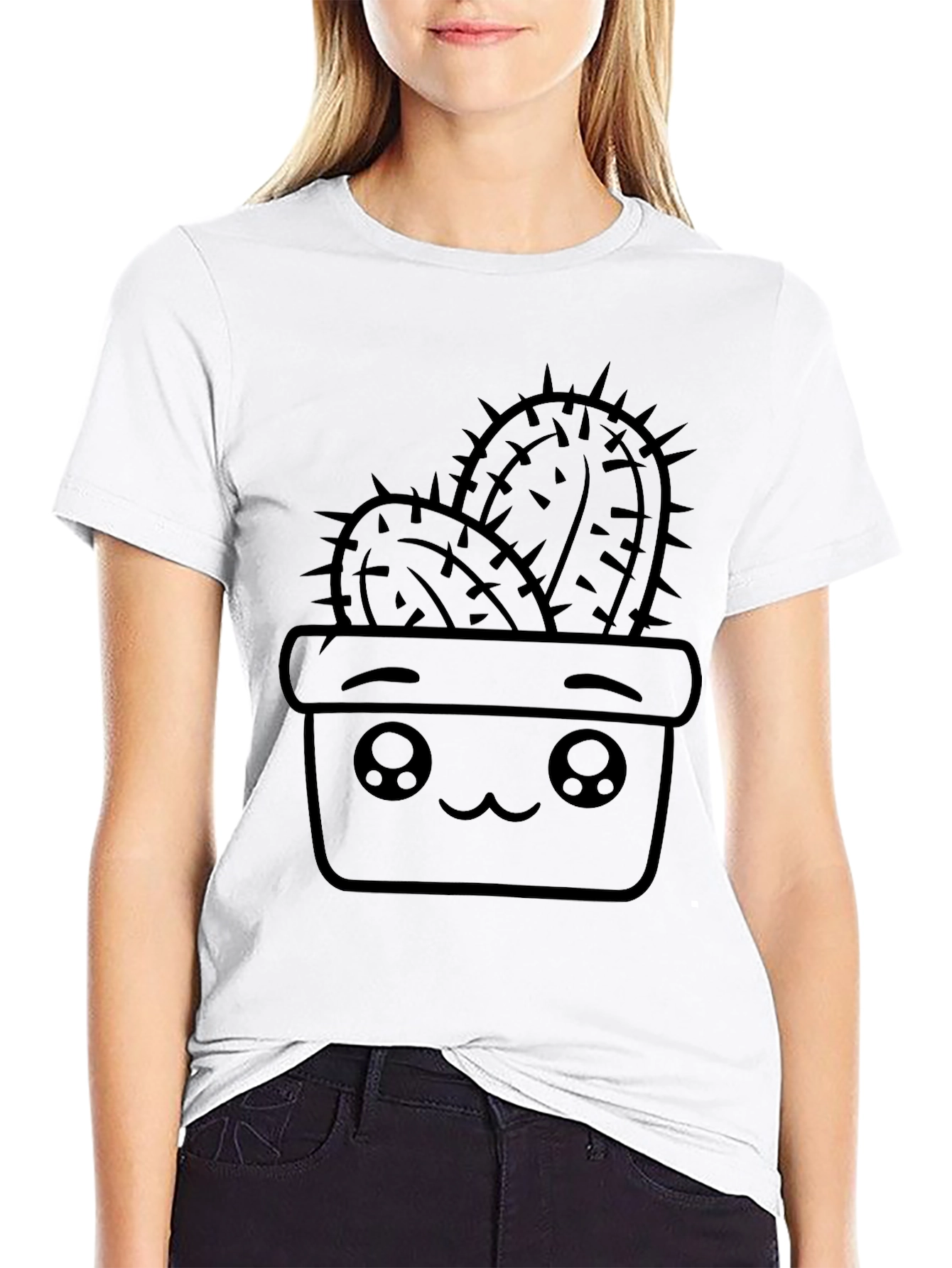 Cute Cactus Graphic Tee - Black Cotton T-Shirt