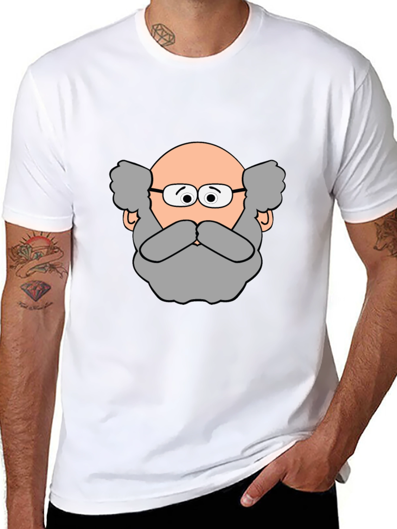 Funny Cartoon Bald Man Portrait Black T-Shirt