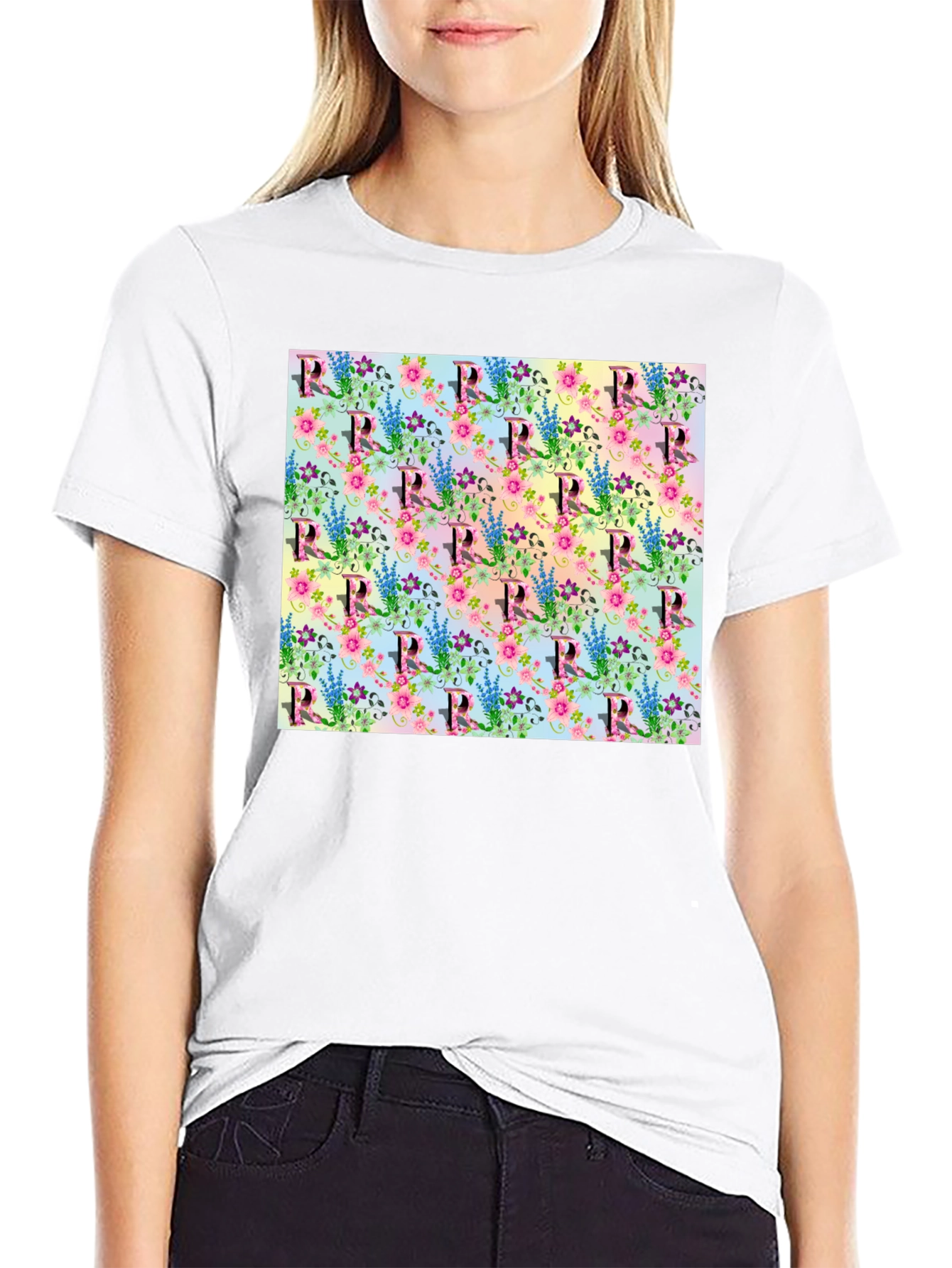 Floral Letter R Print Crew Neck Tee