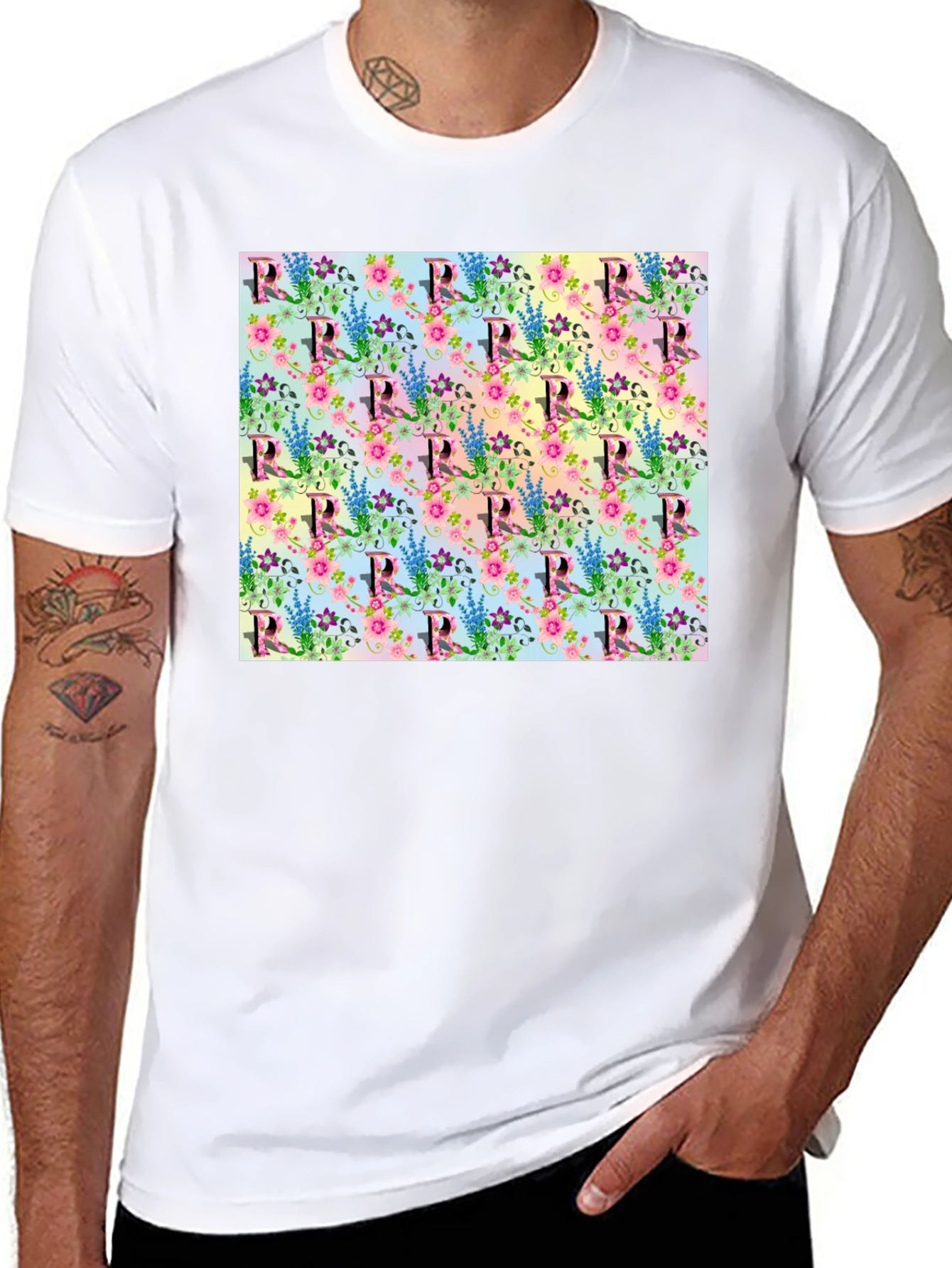 Floral Letter R Print Crew Neck Tee