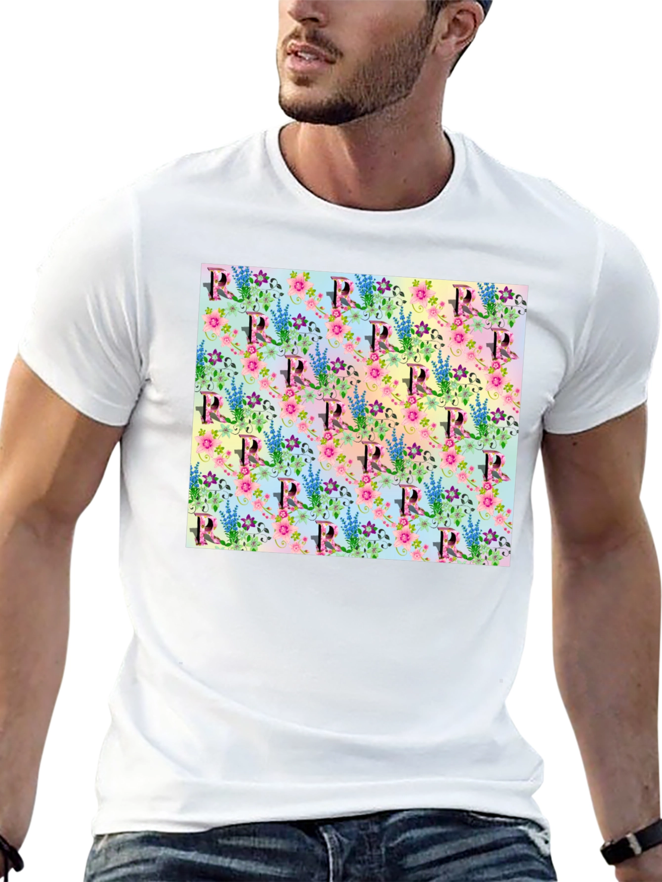 Floral Letter R Print Crew Neck Tee