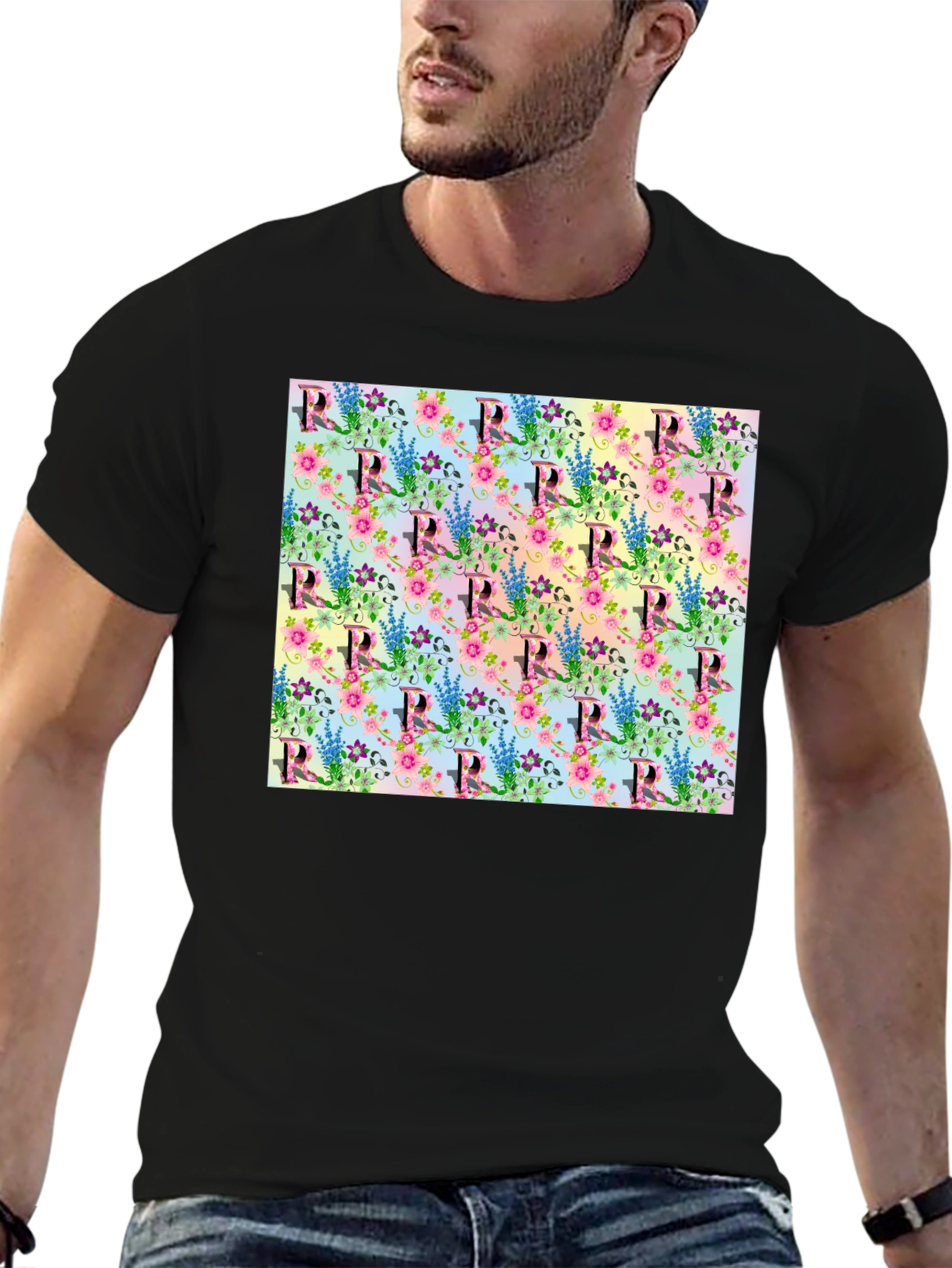 Floral Letter R Print Crew Neck Tee