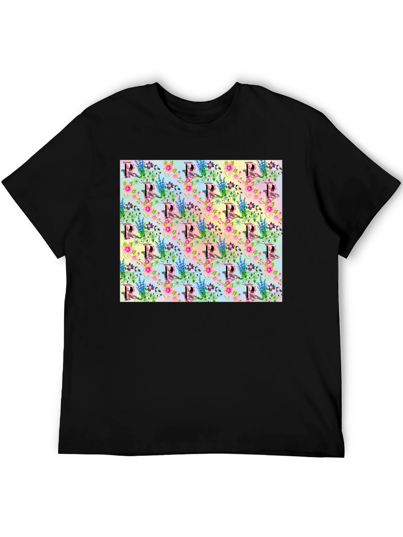 Floral Letter R Print Crew Neck Tee