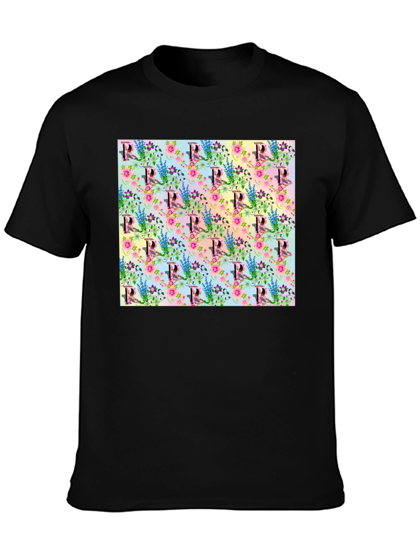 Floral Letter R Print Crew Neck Tee