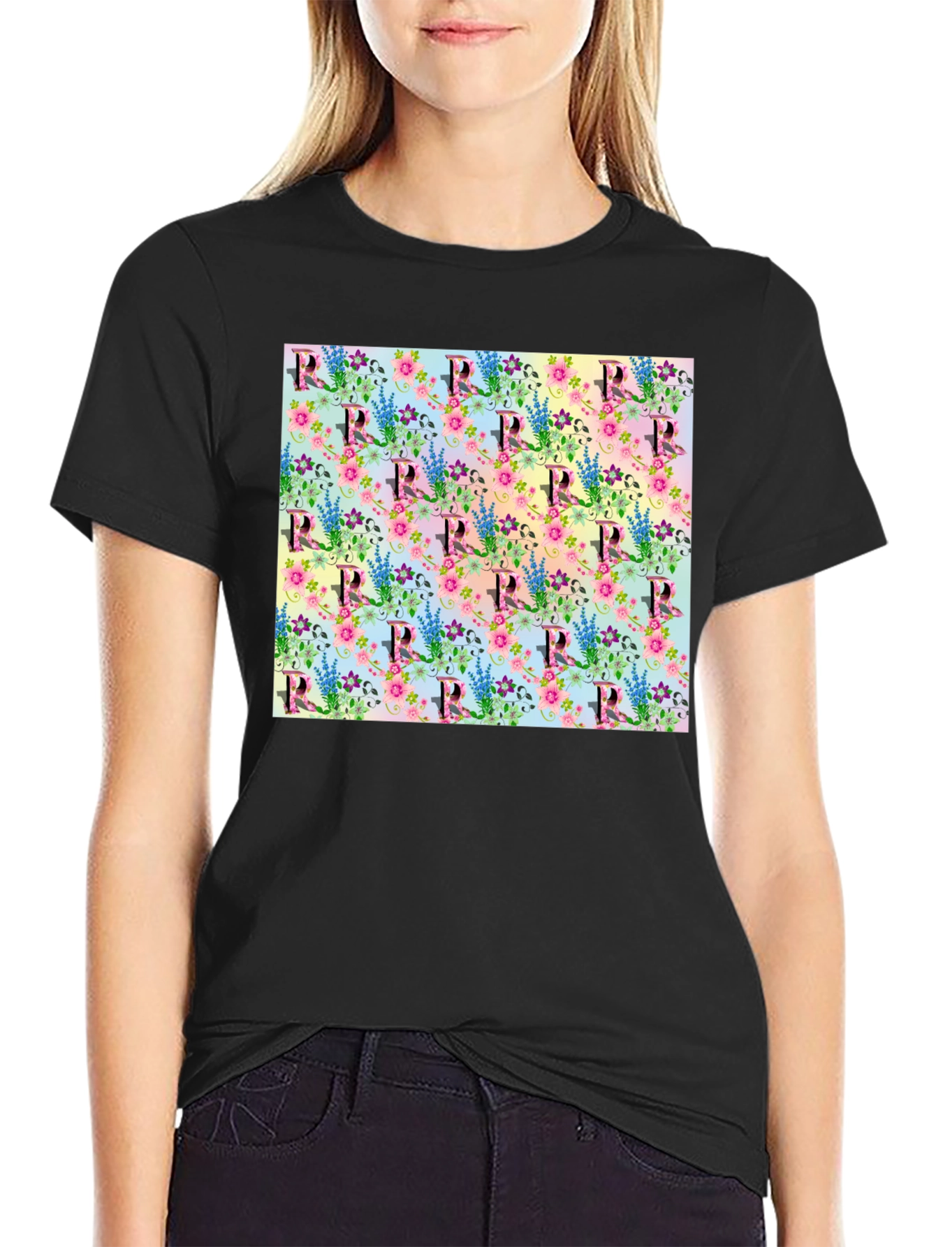 Floral Letter R Print Crew Neck Tee