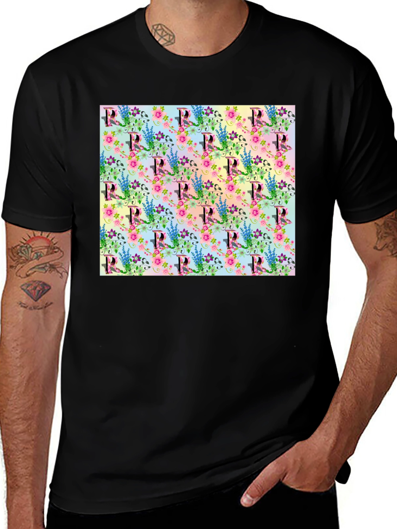 Floral Letter R Print Crew Neck Tee