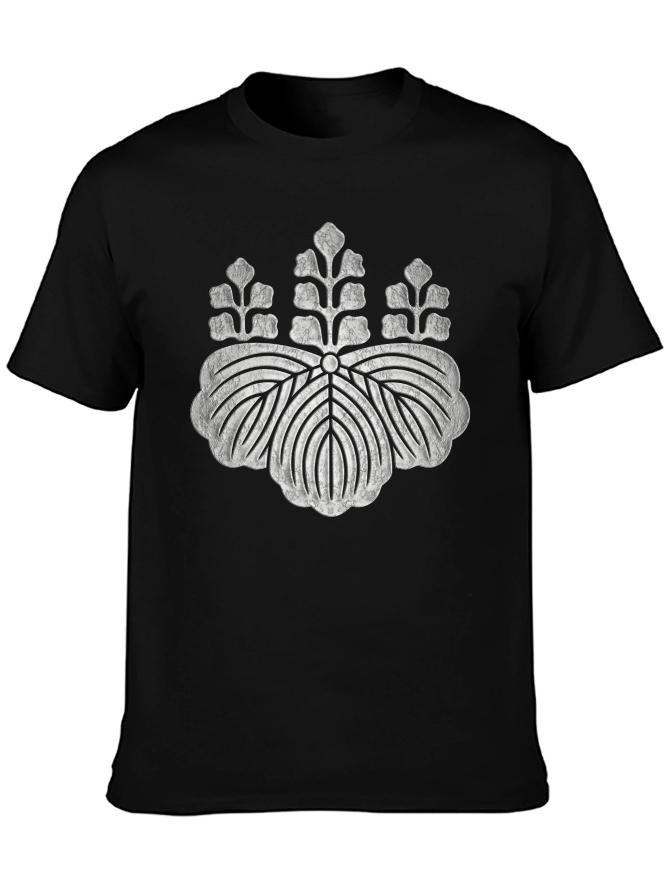 Black T-Shirt with Distressed Japanese Crest Design