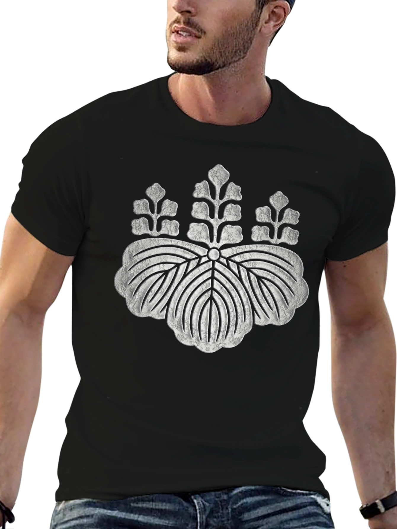 Black T-Shirt with Distressed Japanese Crest Design