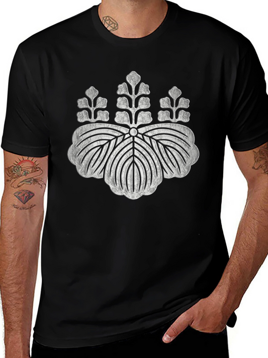 Black T-Shirt with Distressed Japanese Crest Design