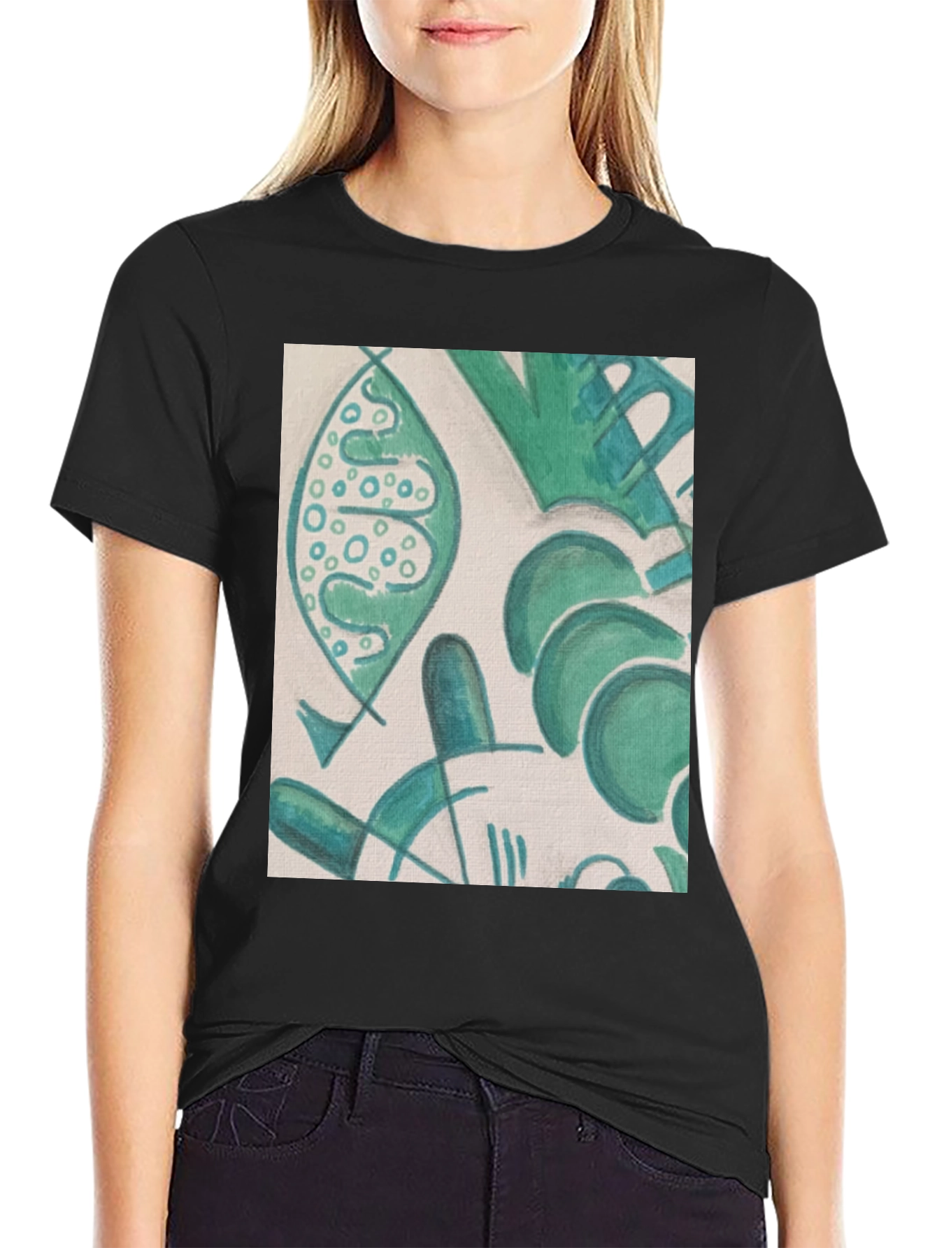 Abstract Green Pattern Black T-Shirt