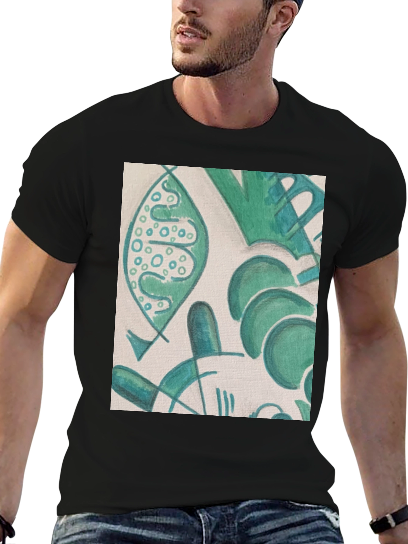 Abstract Green Pattern Black T-Shirt