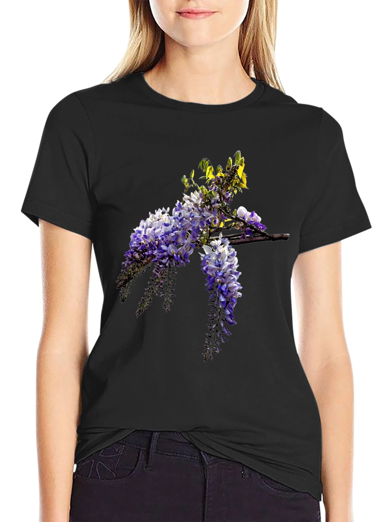 Floral Wisteria Print Black T-Shirt