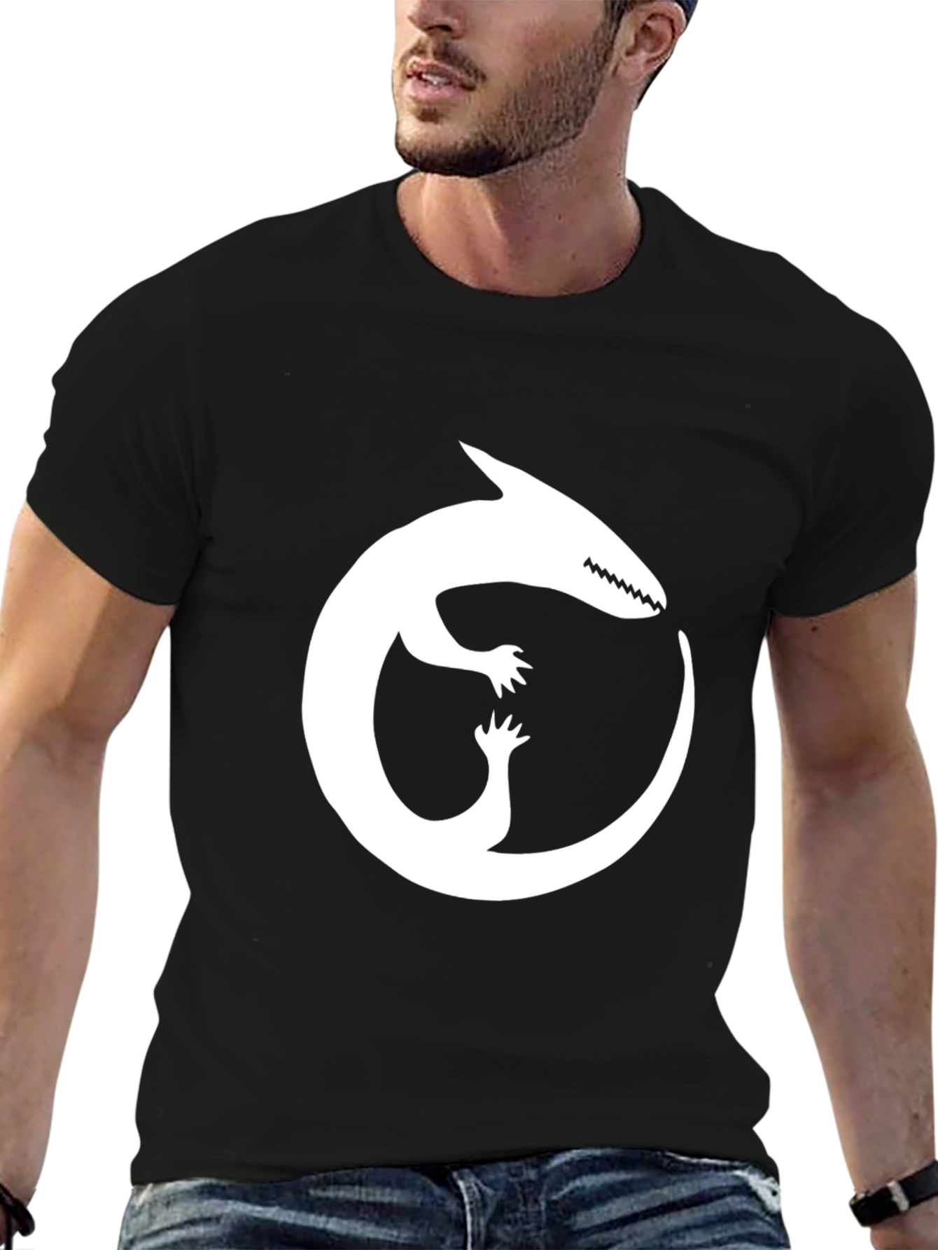 Black T-Shirt with White Ouroboros Lizard Graphic