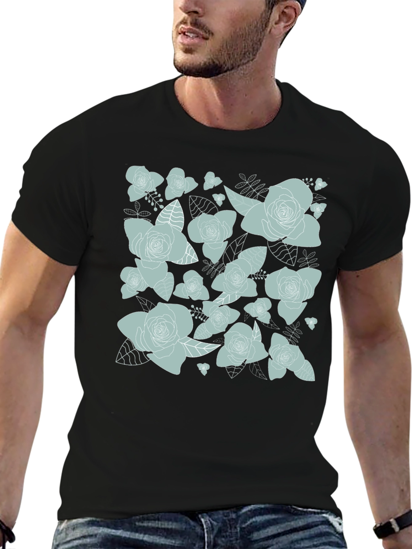 Floral Rose Print T-Shirt - Black