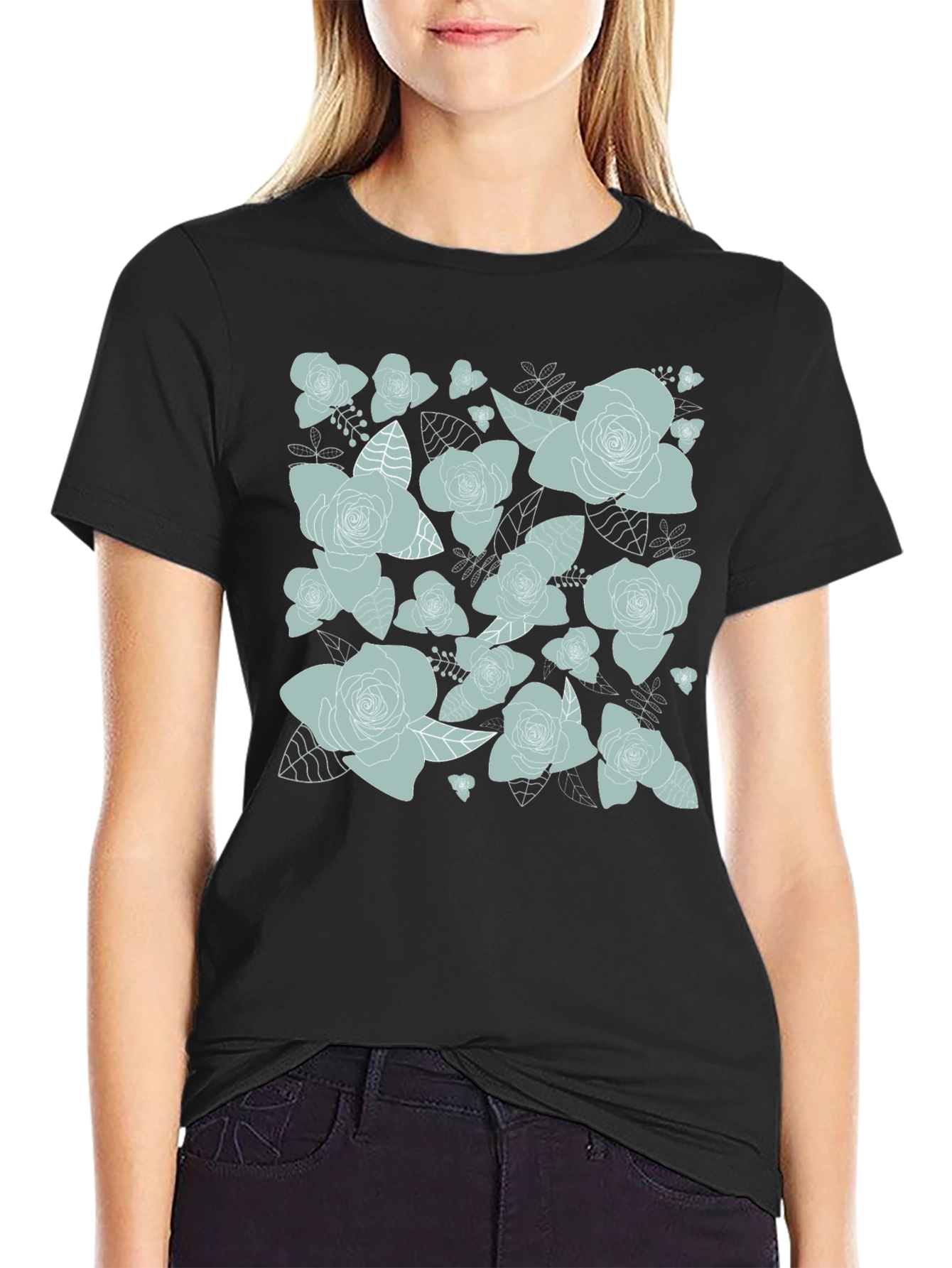 Floral Rose Print T-Shirt - Black