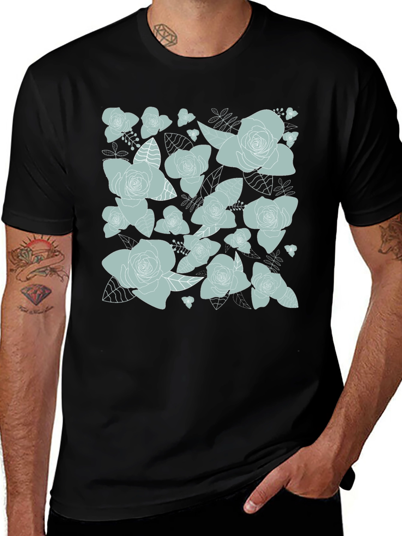 Floral Rose Print T-Shirt - Black