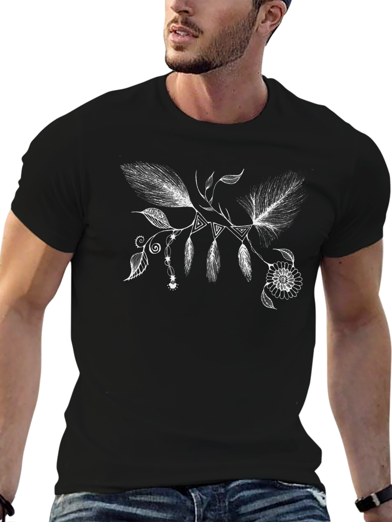 Boho Feather & Floral Black T-Shirt