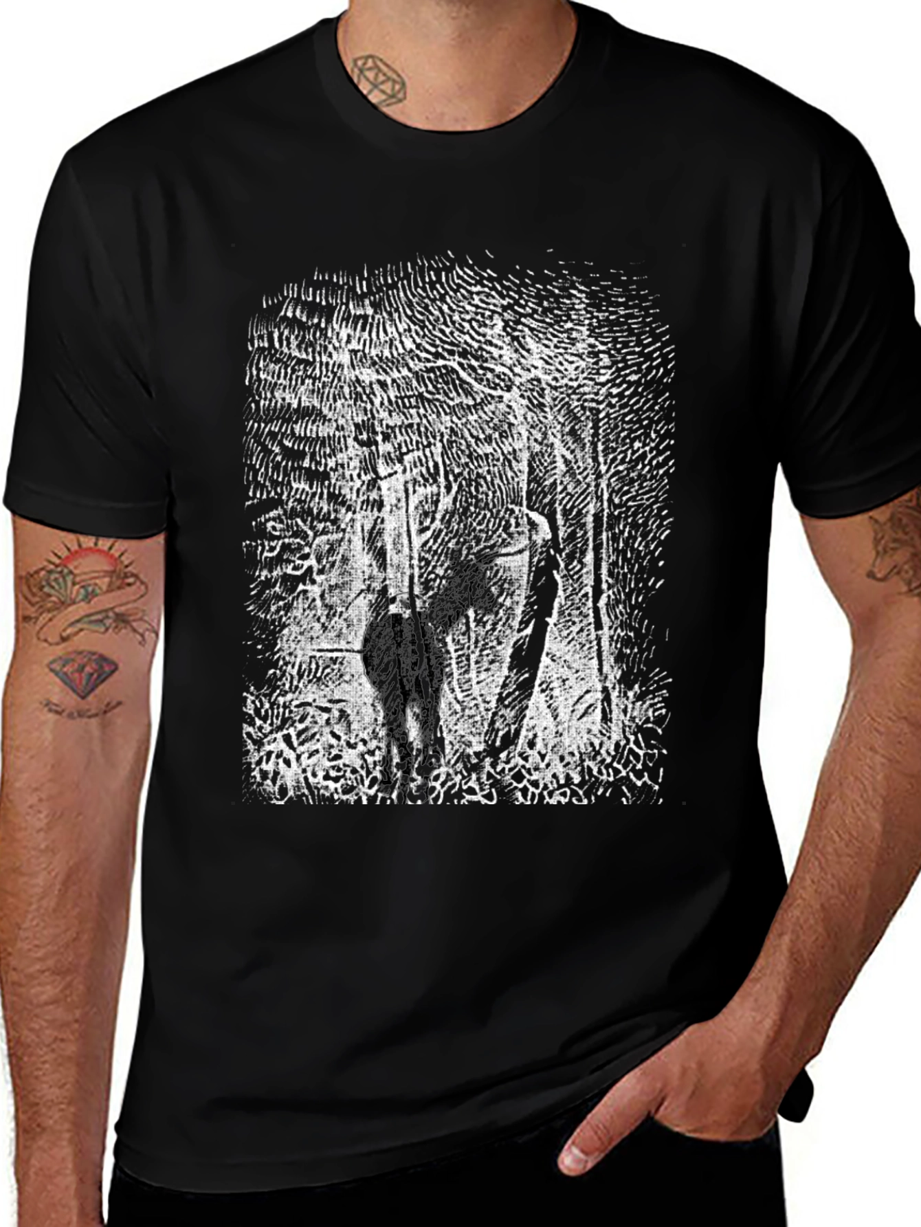 Black T-Shirt with Deer Forest Graphic