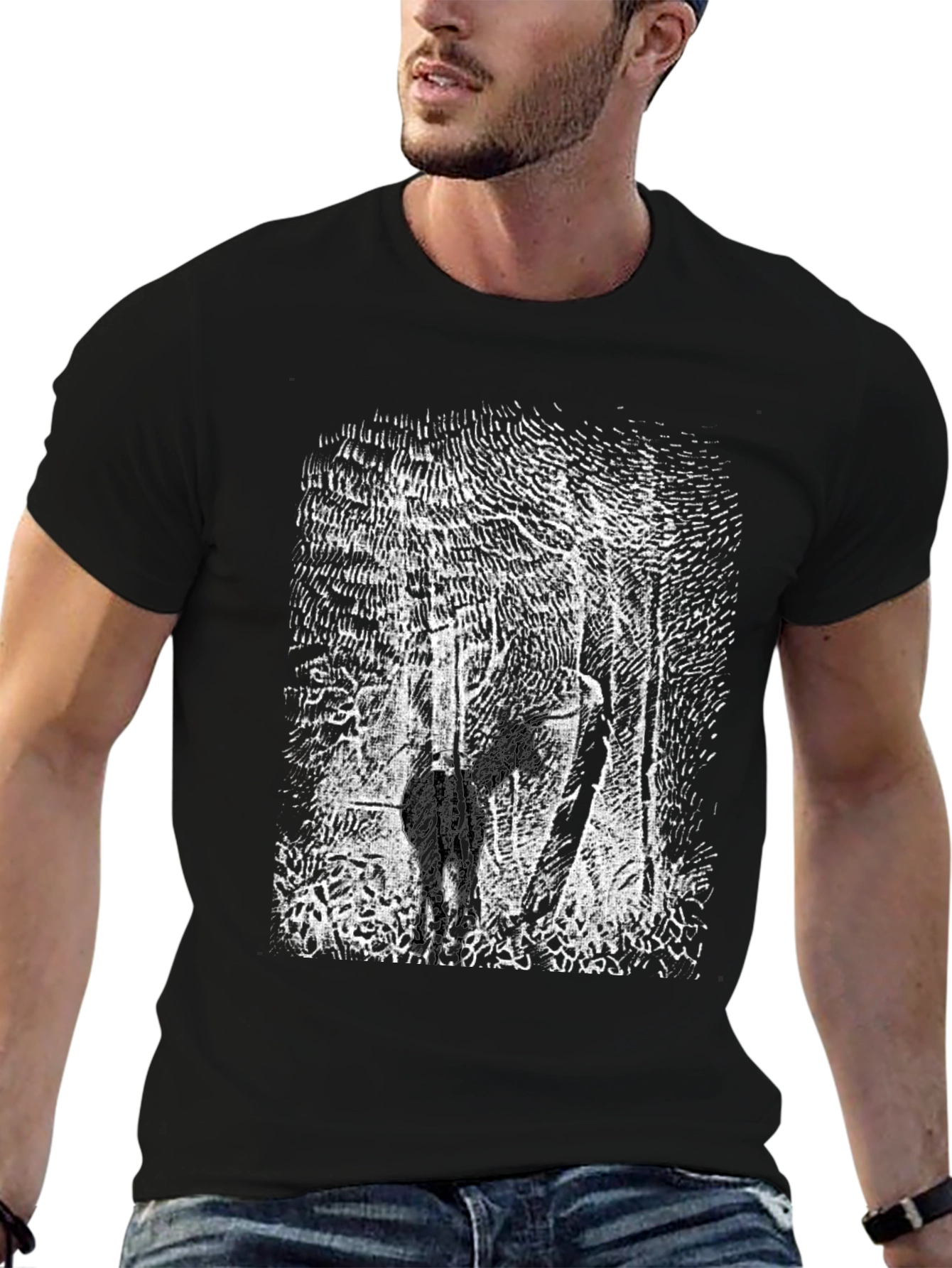 Black T-Shirt with Deer Forest Graphic