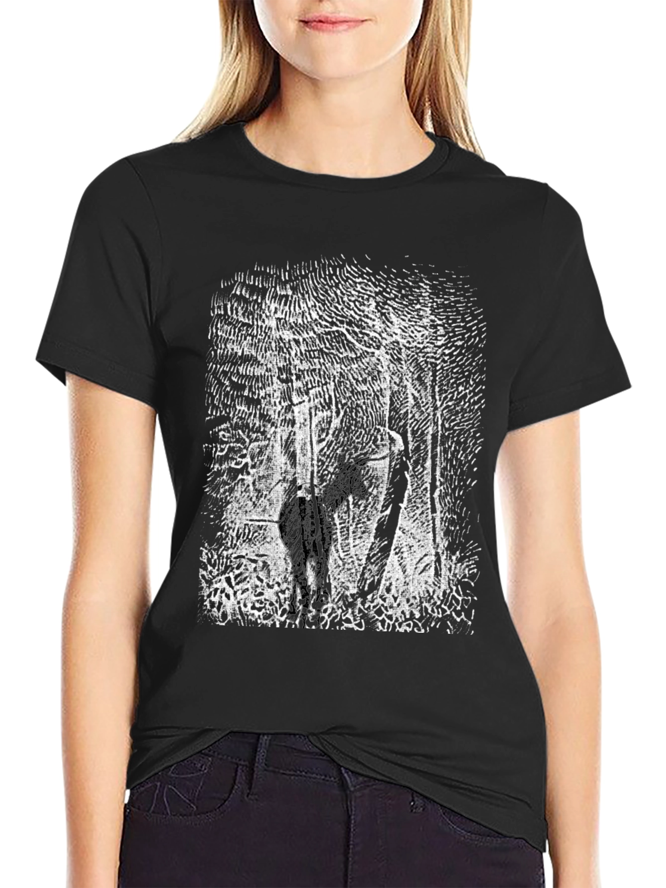 Black T-Shirt with Deer Forest Graphic