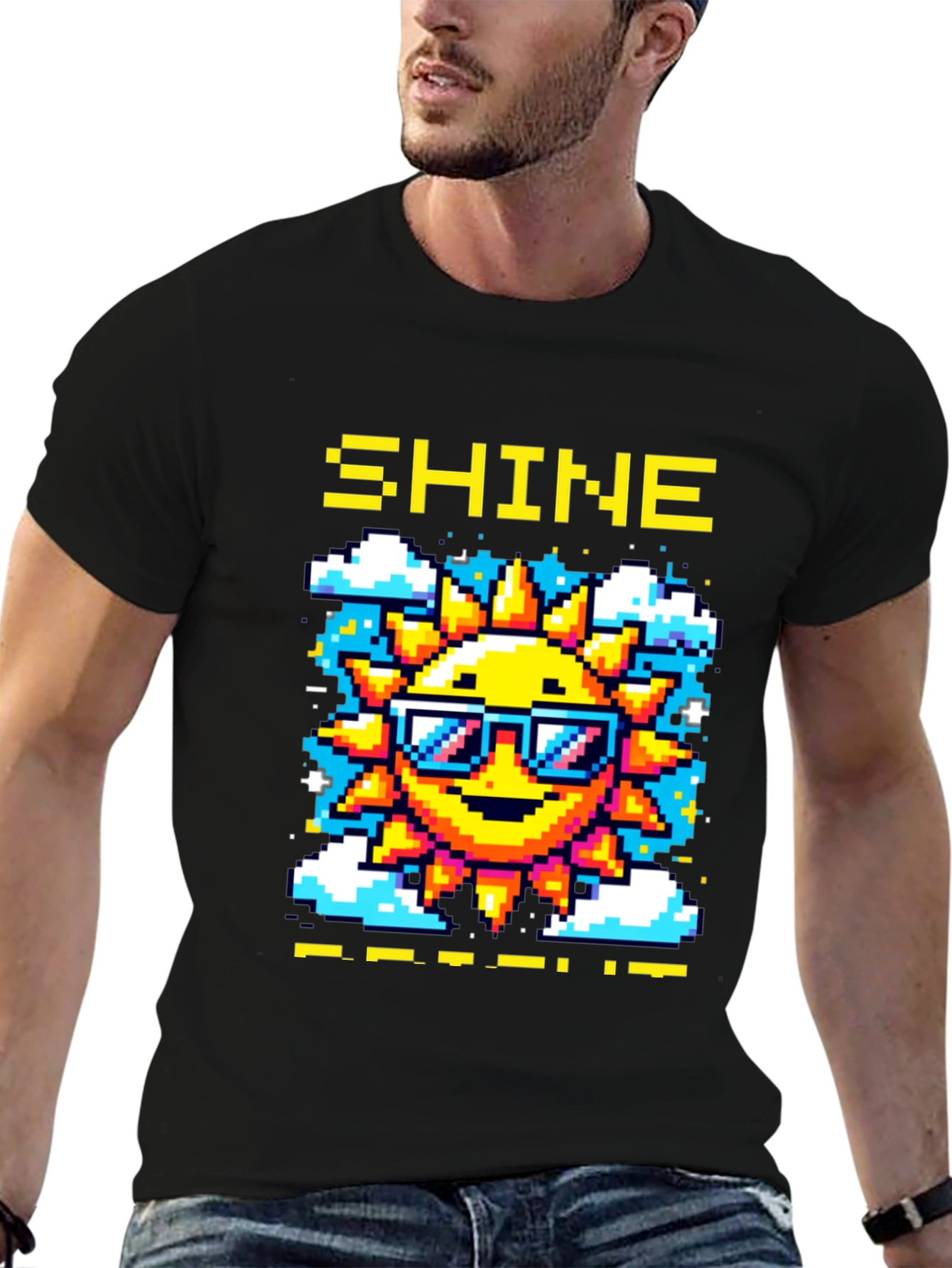 Shine Pixel Sun Graphic T-Shirt - Black Cotton Tee