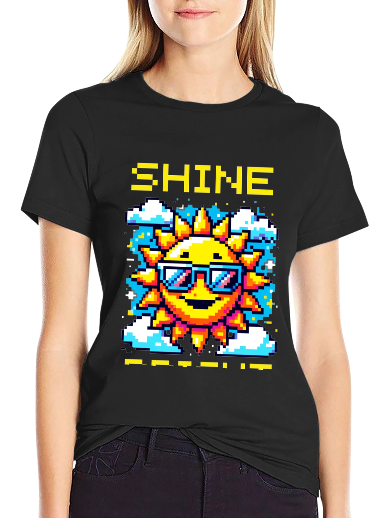 Shine Pixel Sun Graphic T-Shirt - Black Cotton Tee