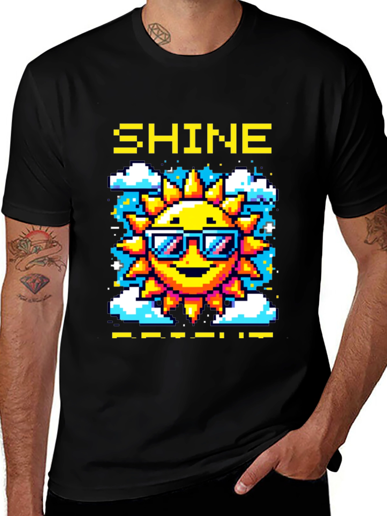Shine Pixel Sun Graphic T-Shirt - Black Cotton Tee