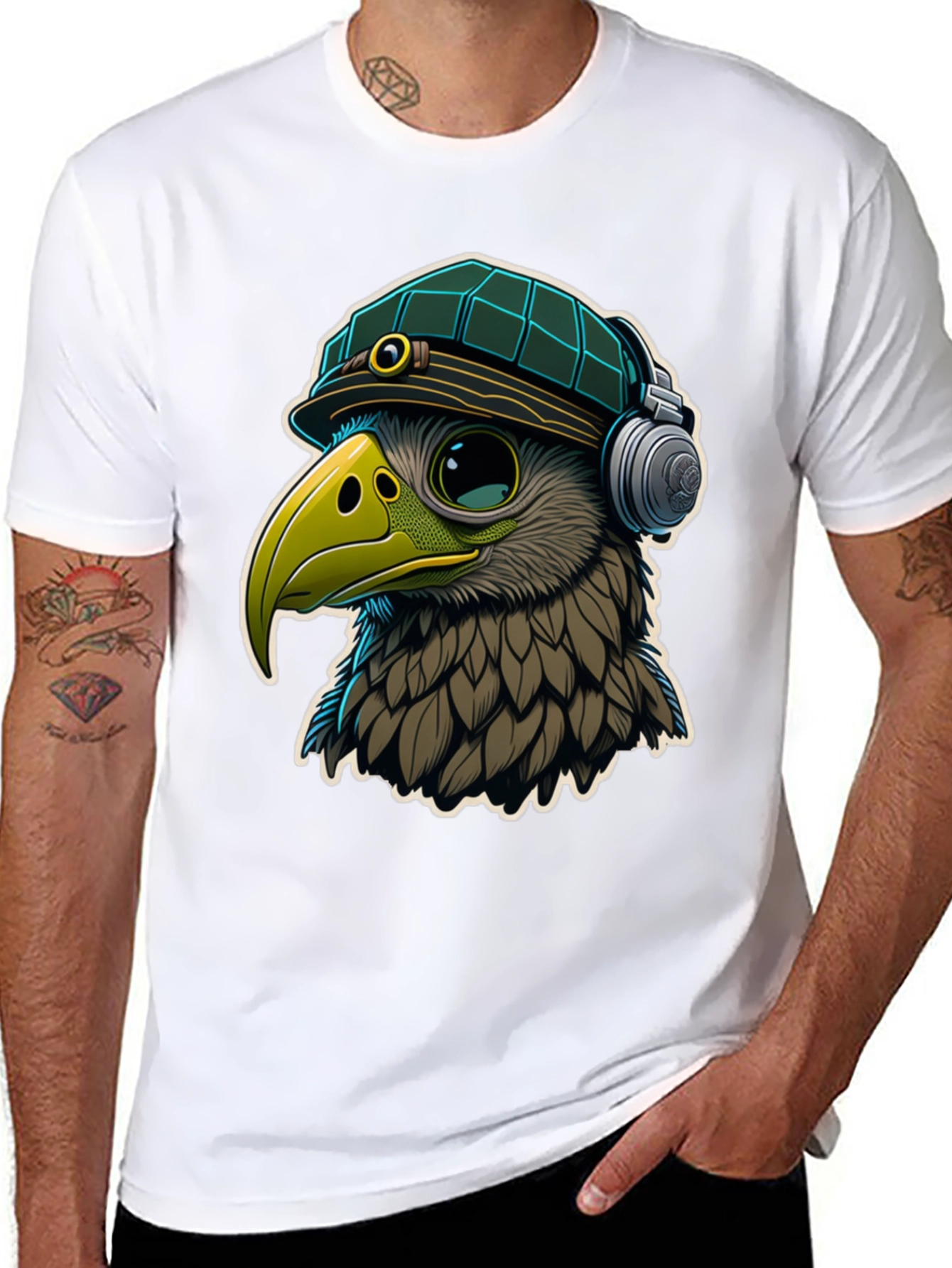 Cool Bird in Hat & Headphones Graphic Tee