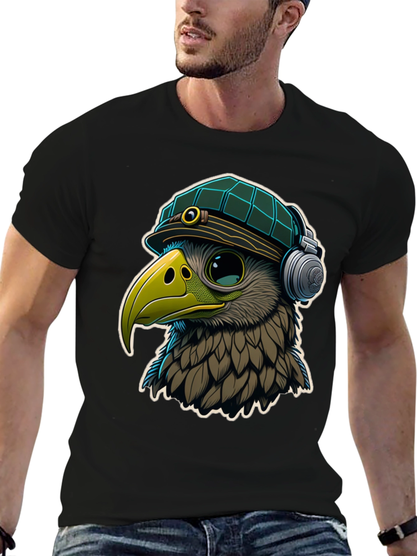 Cool Bird in Hat & Headphones Graphic Tee