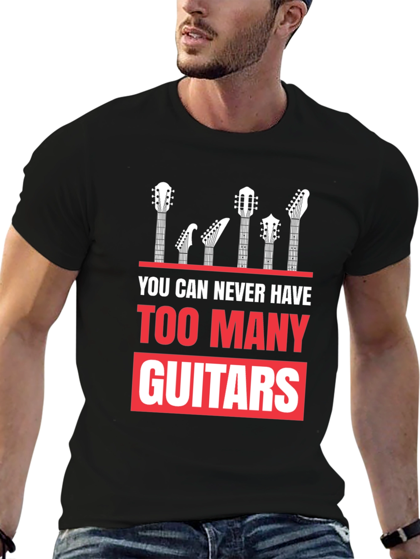 Too Many Guitars Graphic Tee - Musicians Black T-Shirt
