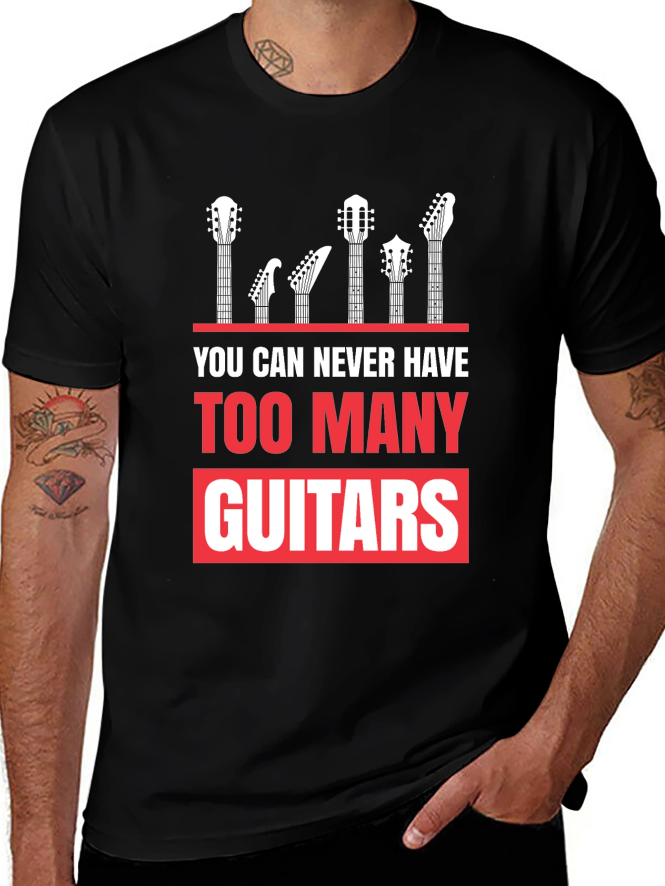 Too Many Guitars Graphic Tee - Musicians Black T-Shirt