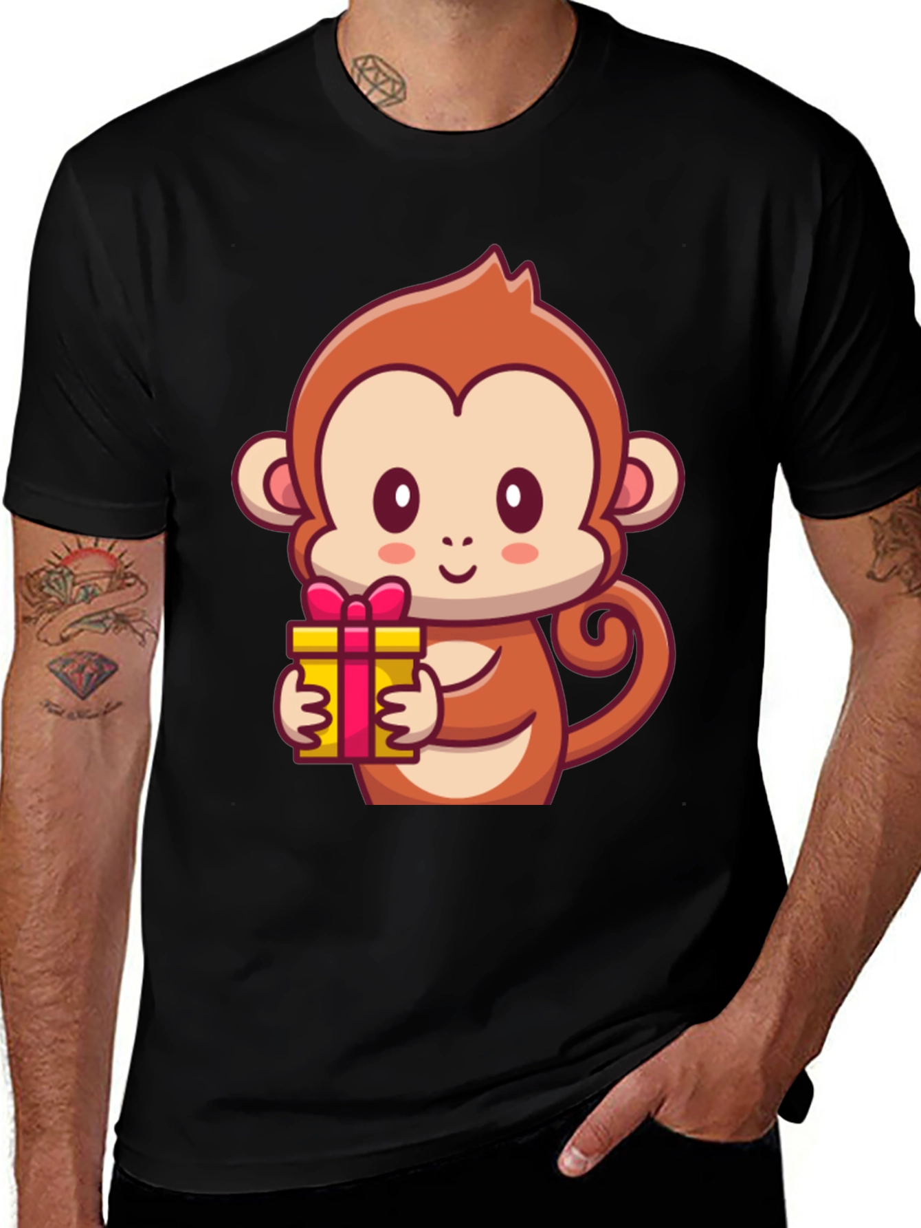 Cute Monkey Holding Gift Black T-Shirt
