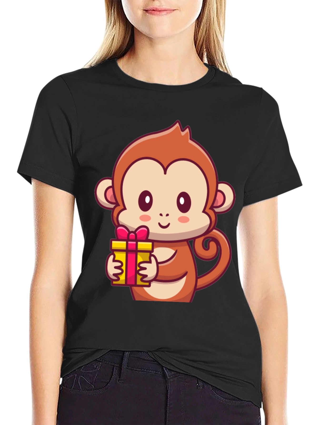 Cute Monkey Holding Gift Black T-Shirt