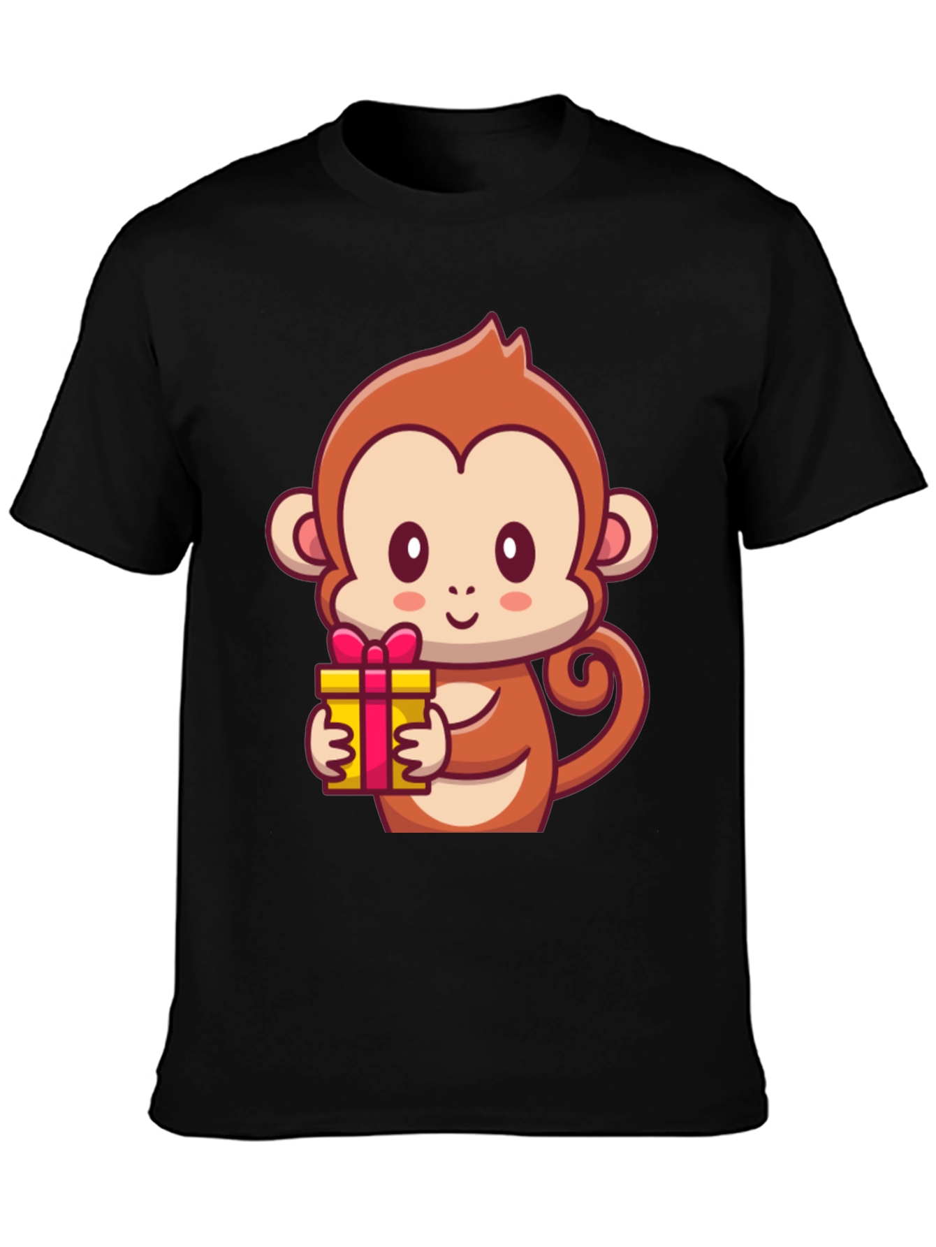 Cute Monkey Holding Gift Black T-Shirt