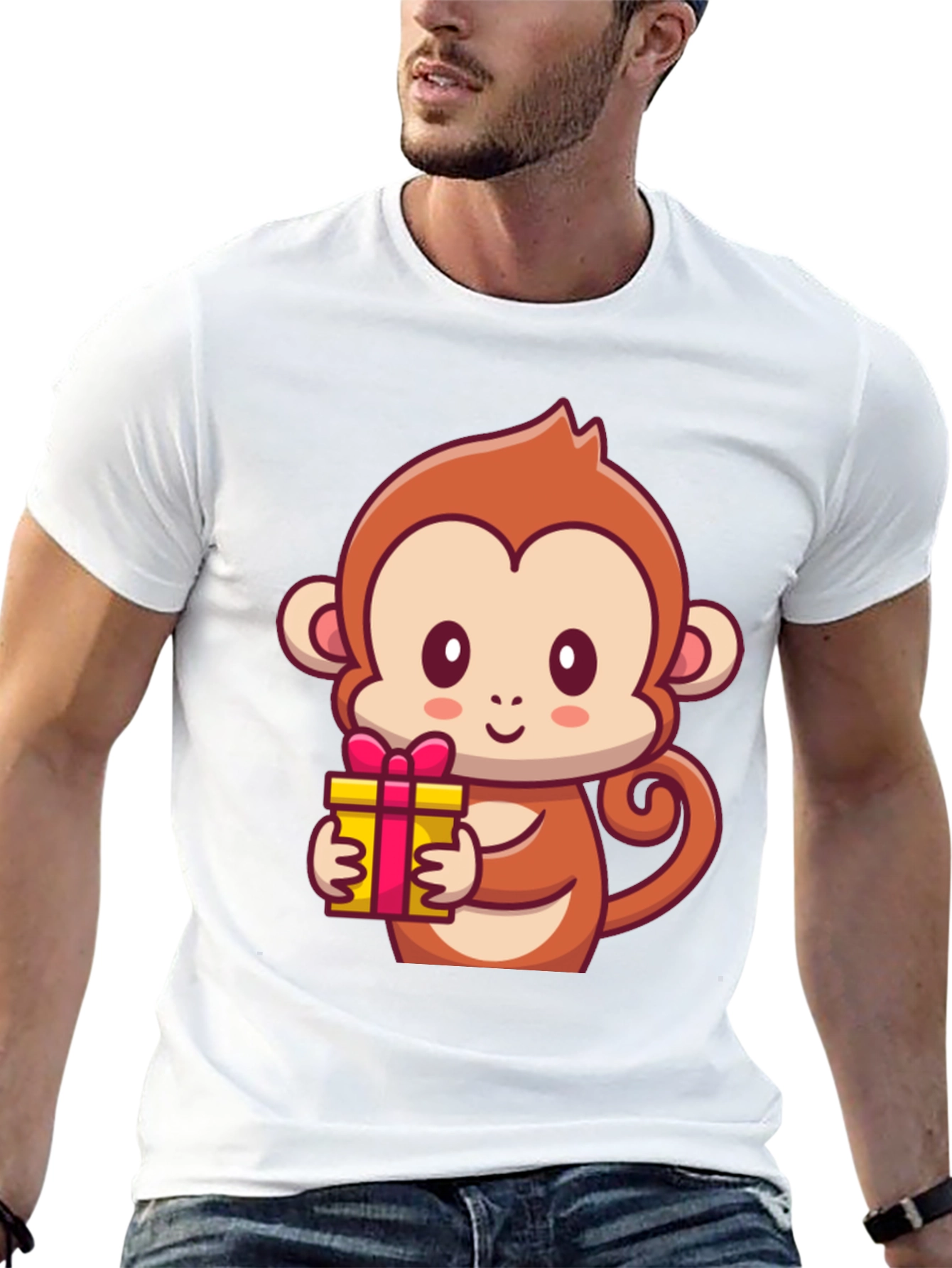 Cute Monkey Holding Gift Black T-Shirt