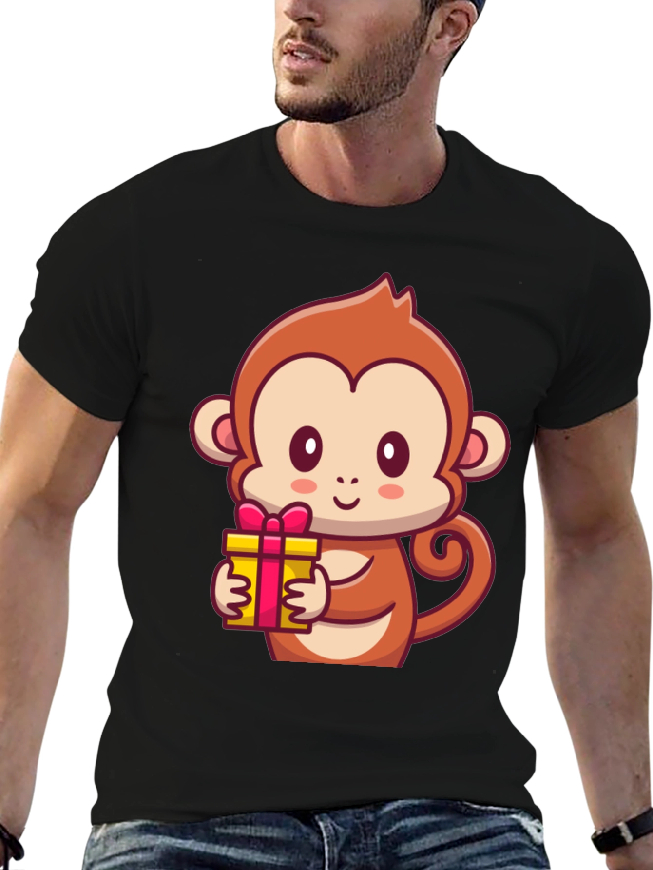 Cute Monkey Holding Gift Black T-Shirt