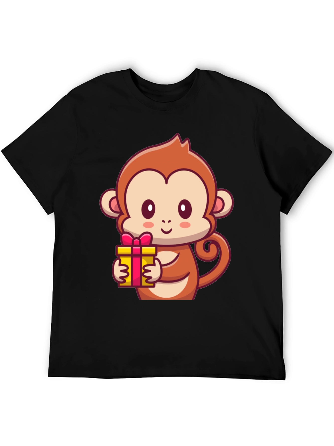 Cute Monkey Holding Gift Black T-Shirt