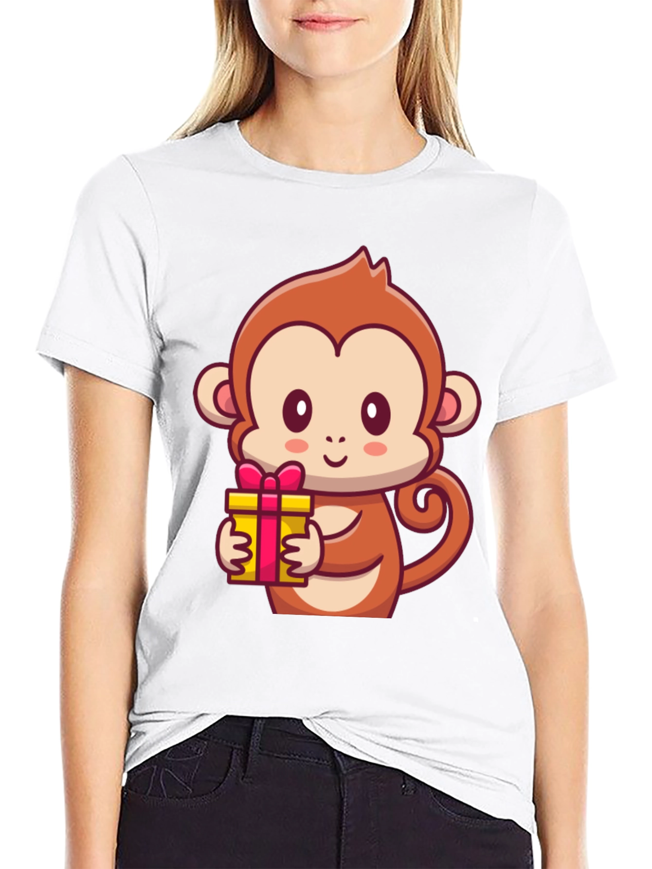 Cute Monkey Holding Gift Black T-Shirt