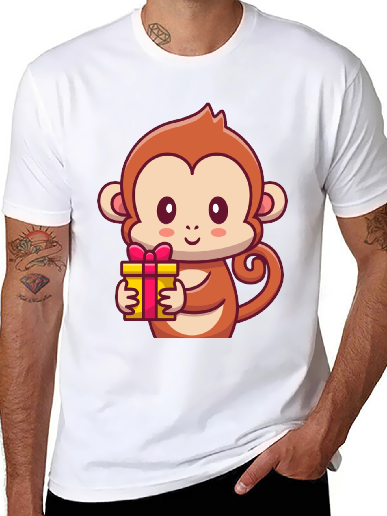 Cute Monkey Holding Gift Black T-Shirt