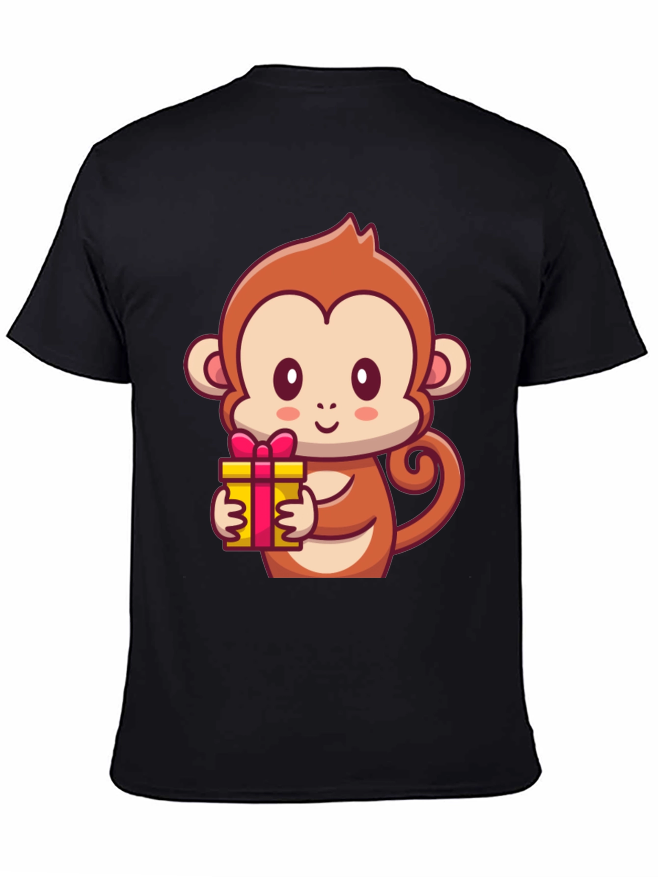 Cute Monkey Holding Gift Black T-Shirt