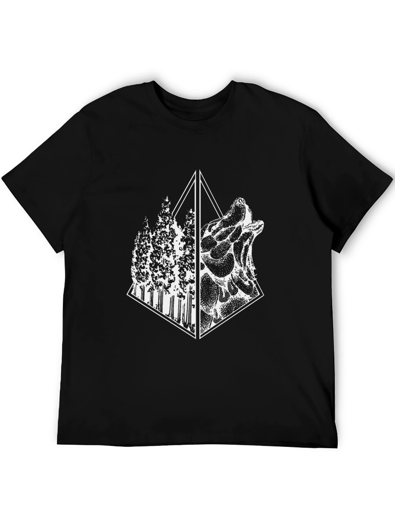 Geometric Wolf & Forest Graphic Tee - Black