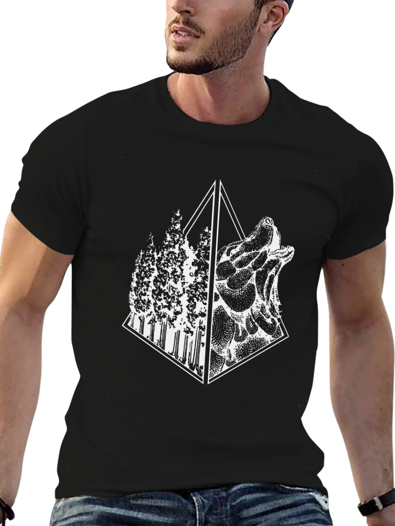 Geometric Wolf & Forest Graphic Tee - Black