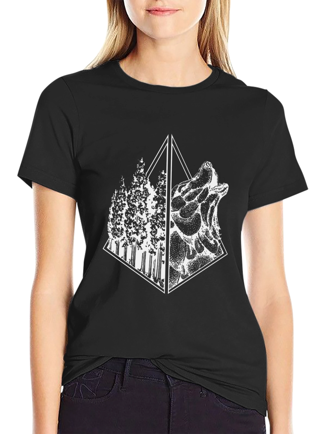 Geometric Wolf & Forest Graphic Tee - Black