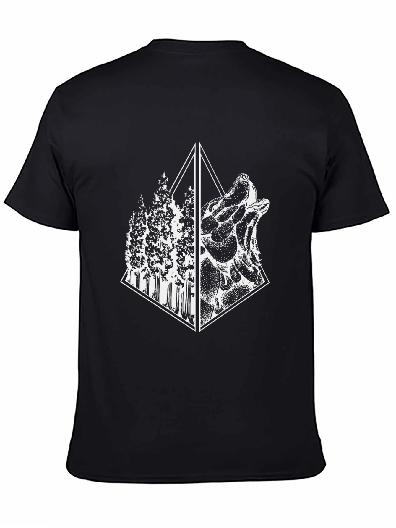 Geometric Wolf & Forest Graphic Tee - Black