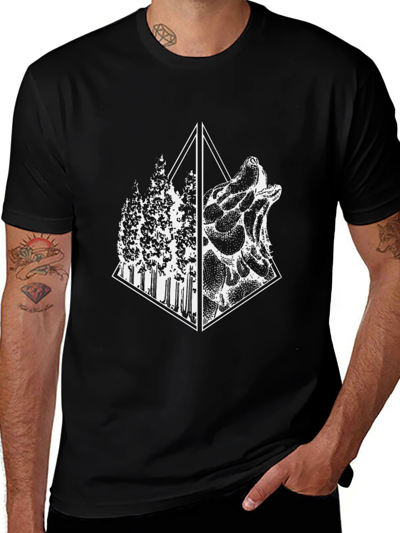 Geometric Wolf & Forest Graphic Tee - Black